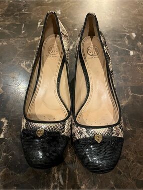 Tory Burch Snake-Print and Black Cap-Toe Ballet Flats